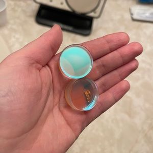 1” 25mm iridescent  glass ear gauges never worn and wooden hearts bonus